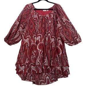 Cato Woman Size 18/20W Red Paisley Layered Ruffle Hem 3/4‎ Sleeve Tunic Top Plus